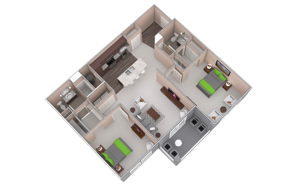 B1 - 2 bedroom floorplan layout with 2 bathrooms and 1214 square feet